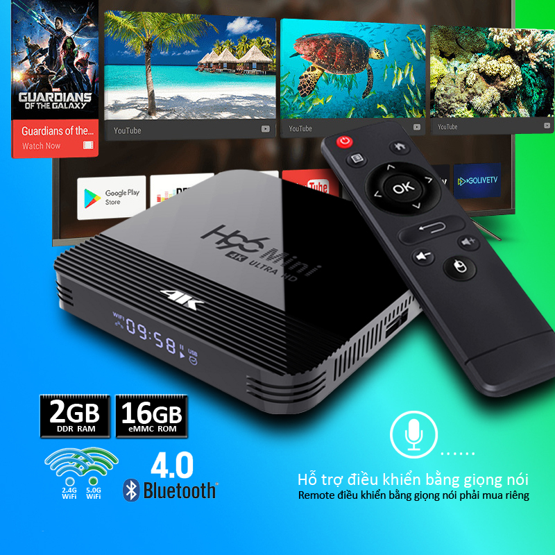 Android tv box RAM 2G Bộ nhớ 16G xem phim 4K tv box hỗ trợ tính năng tìm kiếm bằng giọng nói chưa bao gồm remote giọng nói có bluetooth 4.0 bảo hành 12 tháng H96MINIH8 tivi box