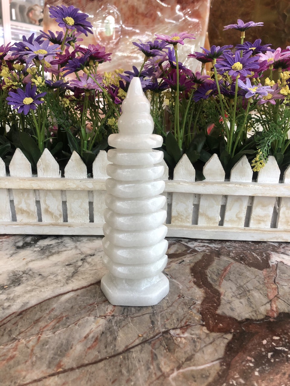 Tháp văn xương 9 tầng đá thạch anh trắng cầu công danh tài lộc - Cao 15cm và 21cm