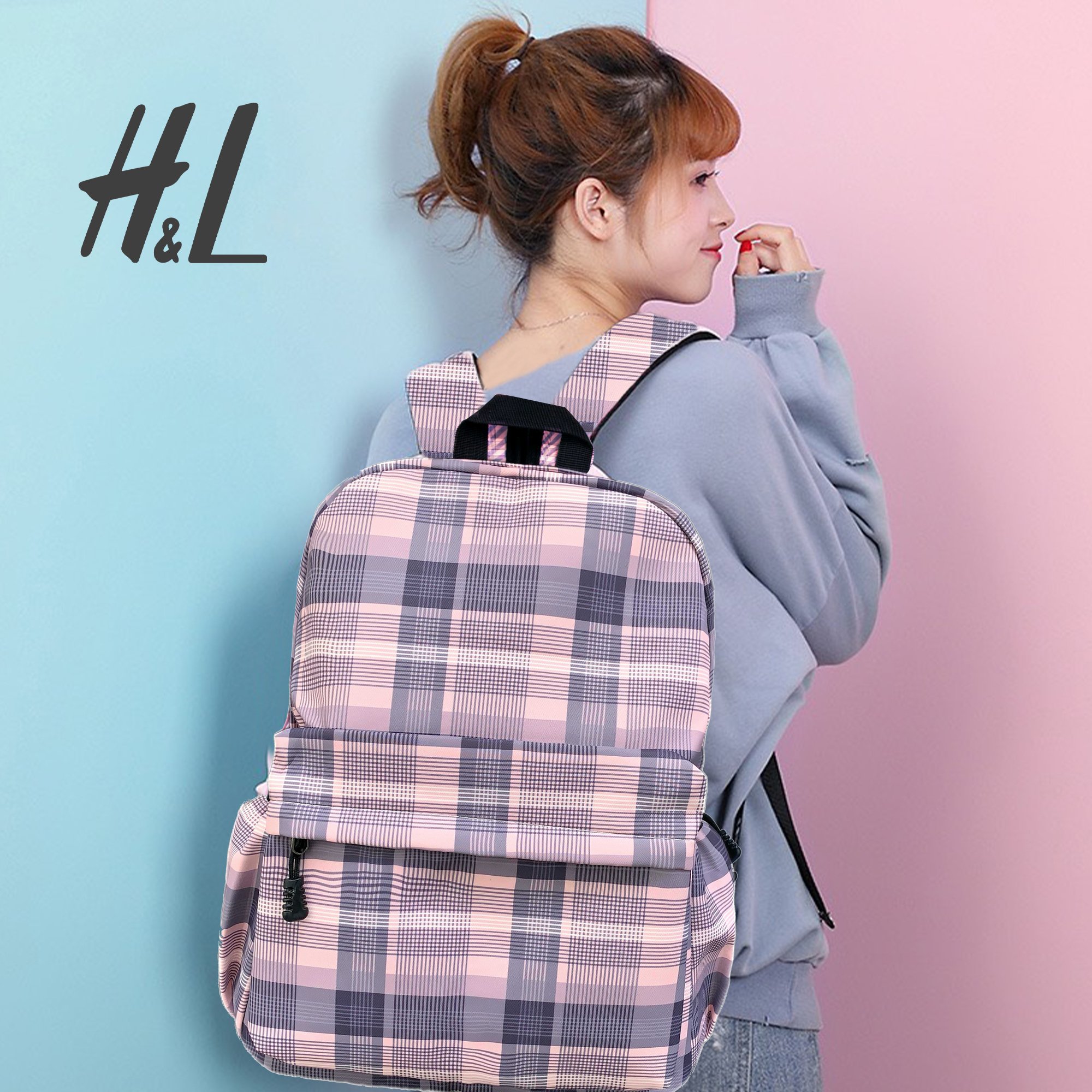 Balo Nữ Thời Trang Cá Tính Phong Cách Vintage Hoạ Tiết Caro Hồng Cute, Balo Chống Nước, Chống Ẩm Mốc, Có Ngăn Chống Sốc Laptop 15.6 inch, Đựng Vừa Giấy A4, Dùng Đi Học Đi Chơi Và Du Lịch