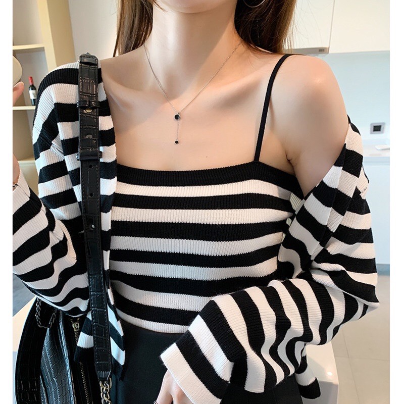 Set áo tay dài mỏng cardigan kèm áo 2 dây, set áo hai dây + áo khoác cardigan 2 màu thời trang - đen - sọc