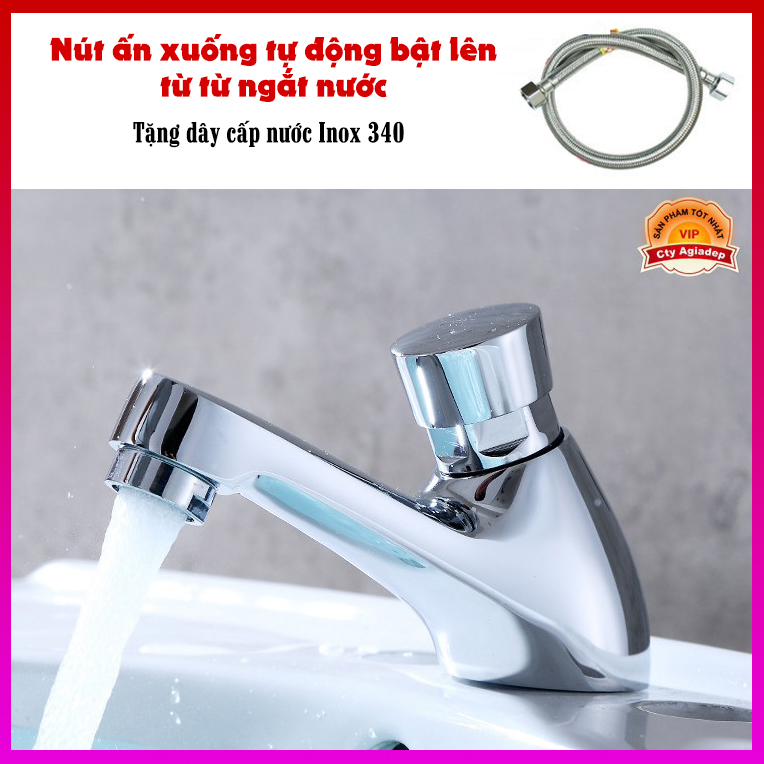 Vòi rửa tay công cộng xịn HVMMA nút ấn xuống tự động bật lên từ từ ngắt nước + dây cấp