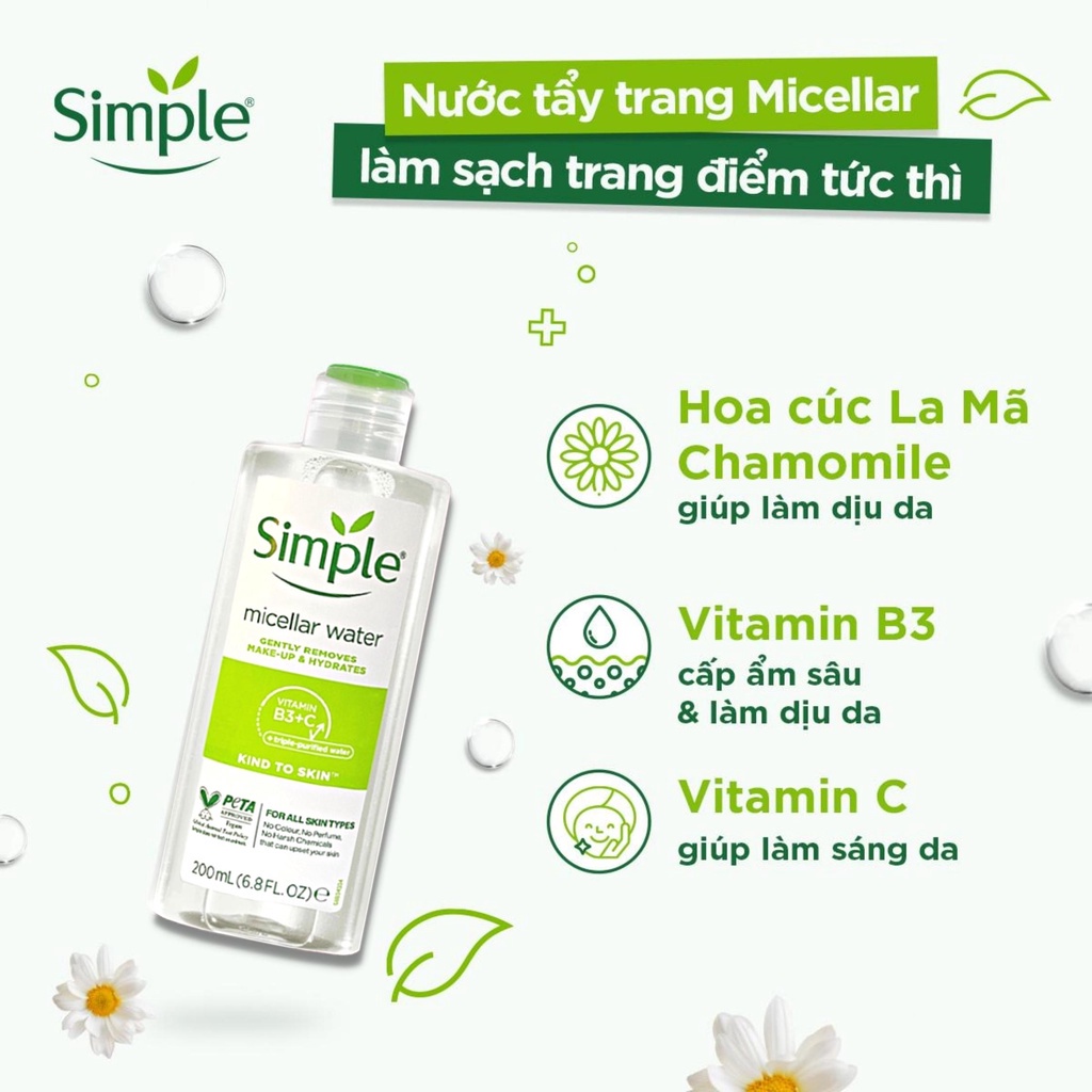Combo 3 simple làm da sạch (sữa rửa mặt 150ml - tẩy trang 200ml - toner nước hoa hồng 200ml)