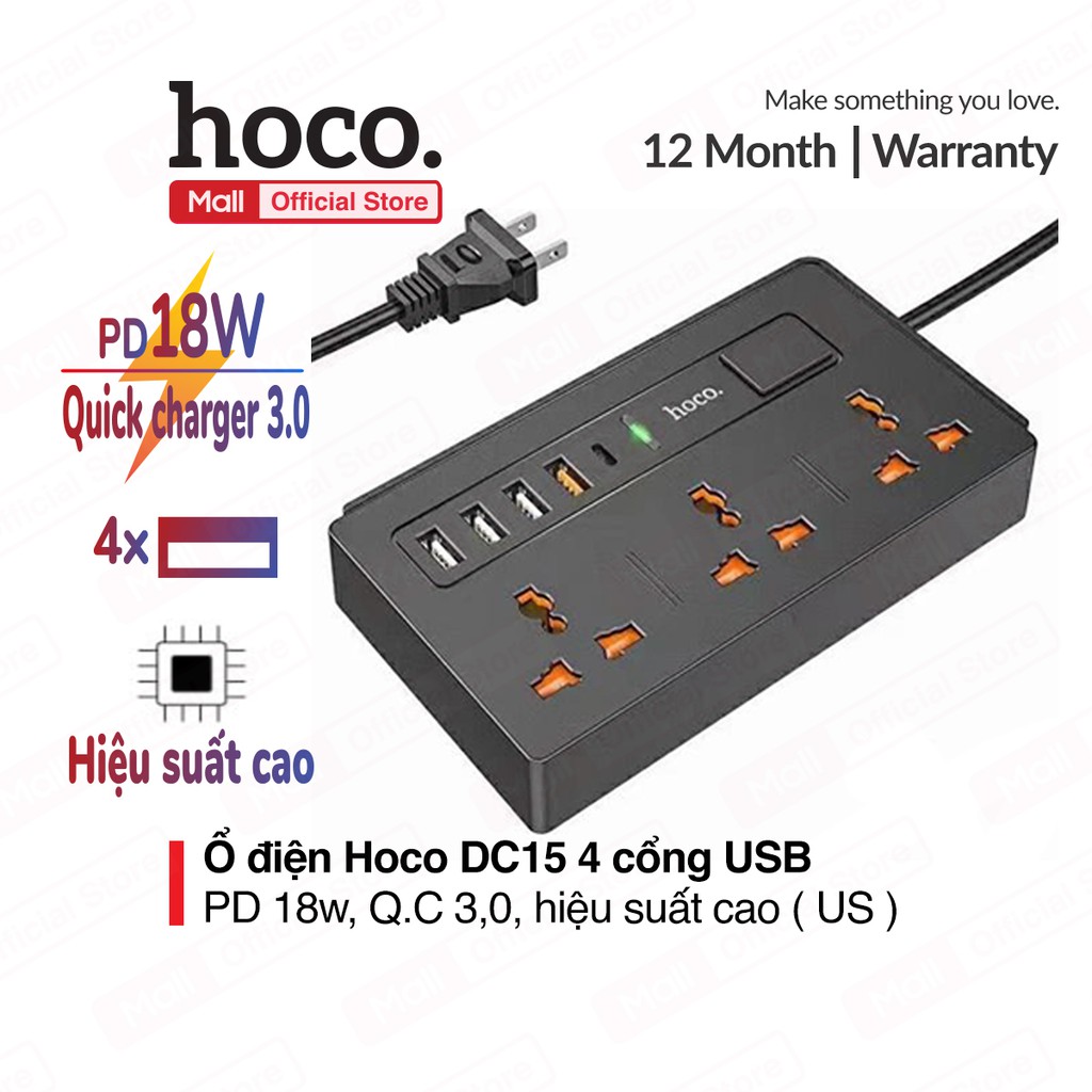 [HCM]Ổ cắm Hoco DC15 2 in 1 Multi-socket ( 4 cổng USB+ Type-C ) hỗ trợ sạc 30W Quick charger 3.0 PD 18W dây dài 150cm