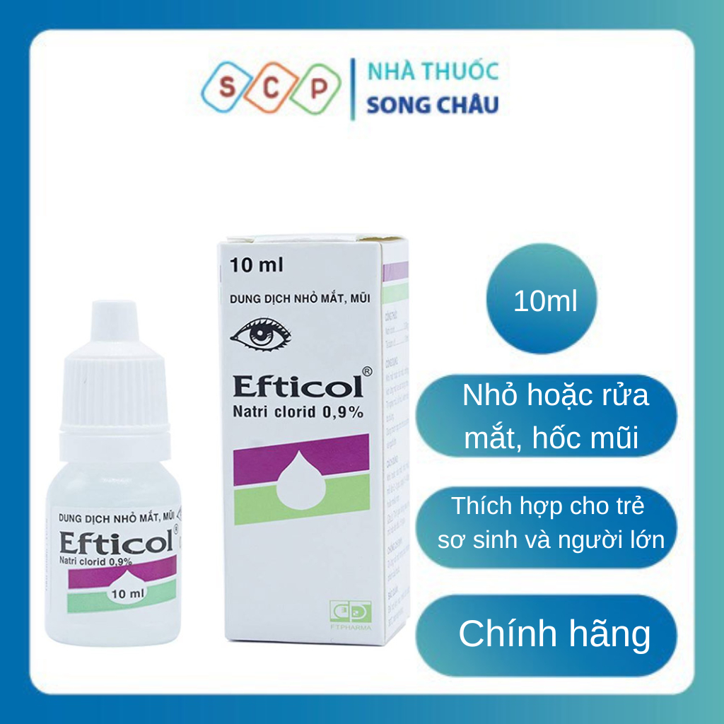 Nước Muối Sinh Lý Efticol 0,9% (chai 10ml) dùng để nhỏ mắt hoặc rửa mắt