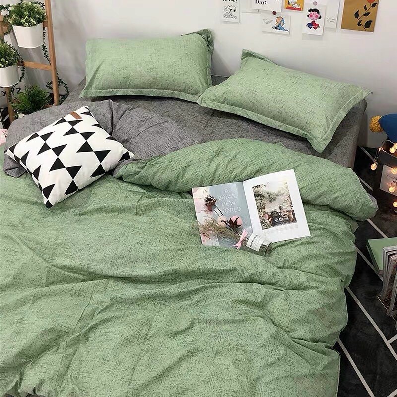 Bộ drap & chăn phao cotton poly xanh lá cây phối xám