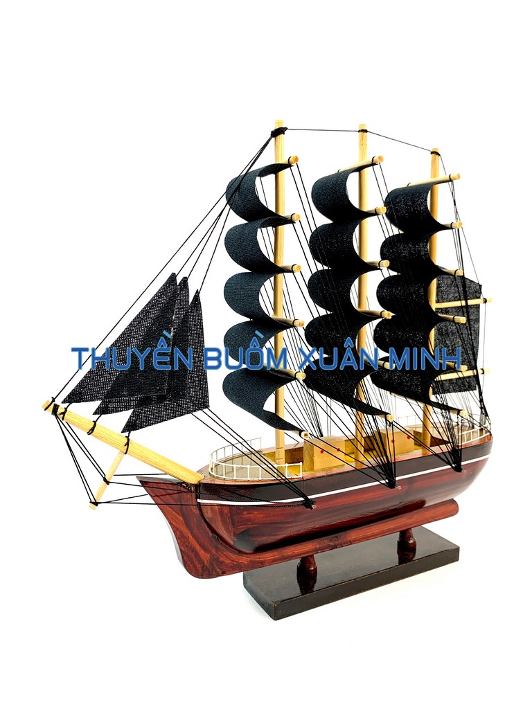 Mô hình thuyền buồm gỗ phong thuỷ trang trí bàn làm việc - size nhỏ - dài 27cm - buồm đen