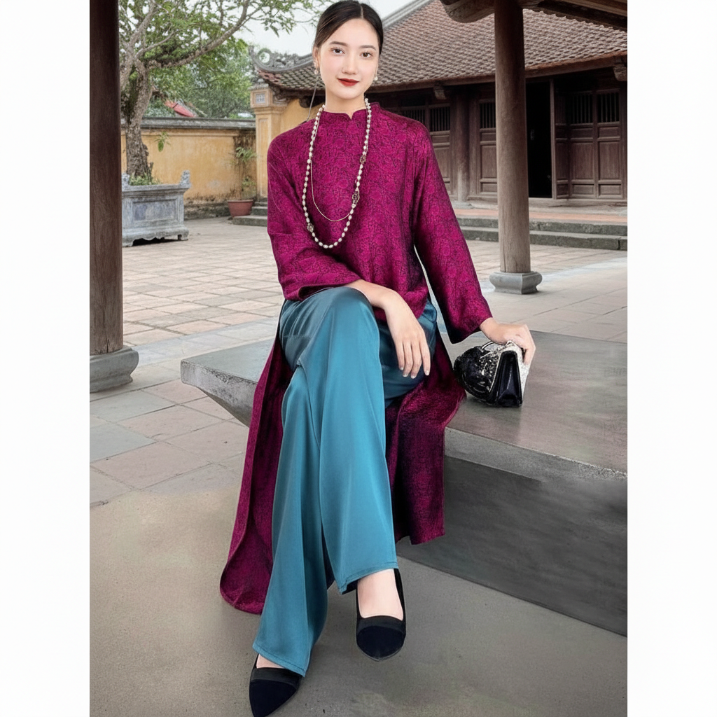 G024 Áo Dài Cách Tân Gấm Tơ In Hoa Nhí – Dáng Suông Thanh Lịch Cho Tết, Tiệc, Lễ Chùa – Mieso Store