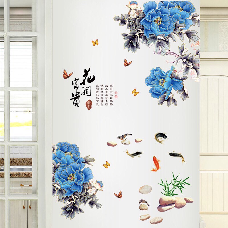 decal dán tường mẫu Hoa mẫu đơn xanh
