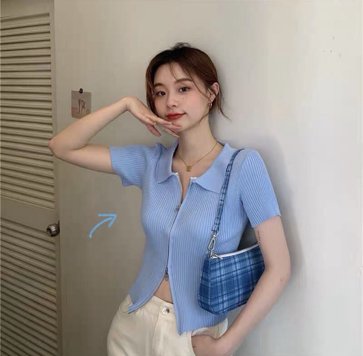 Áo Croptop Gân Dây Kéo