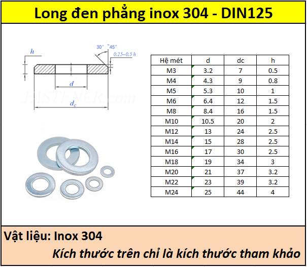 Long đen phẳng inox 304 - DIN125