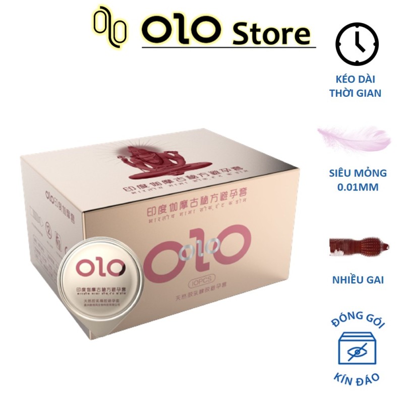 Bao cao su nam OLO 0.01 hồng, gân gai, chống xuất tinh sớm, nhiều gel bôi trơn - Hộp 10 bcs
