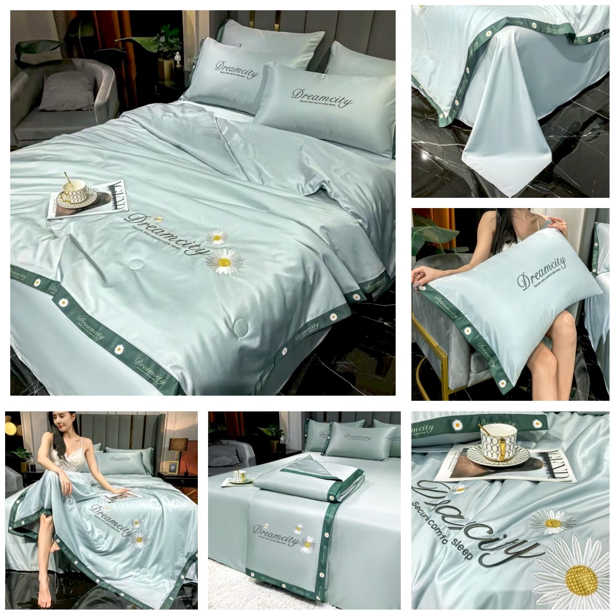 🎀(SALE RẺ) Bộ Chăn Ga Lụa Satin Dreamcity Chăn Chần Bông Set 4 món đủ size