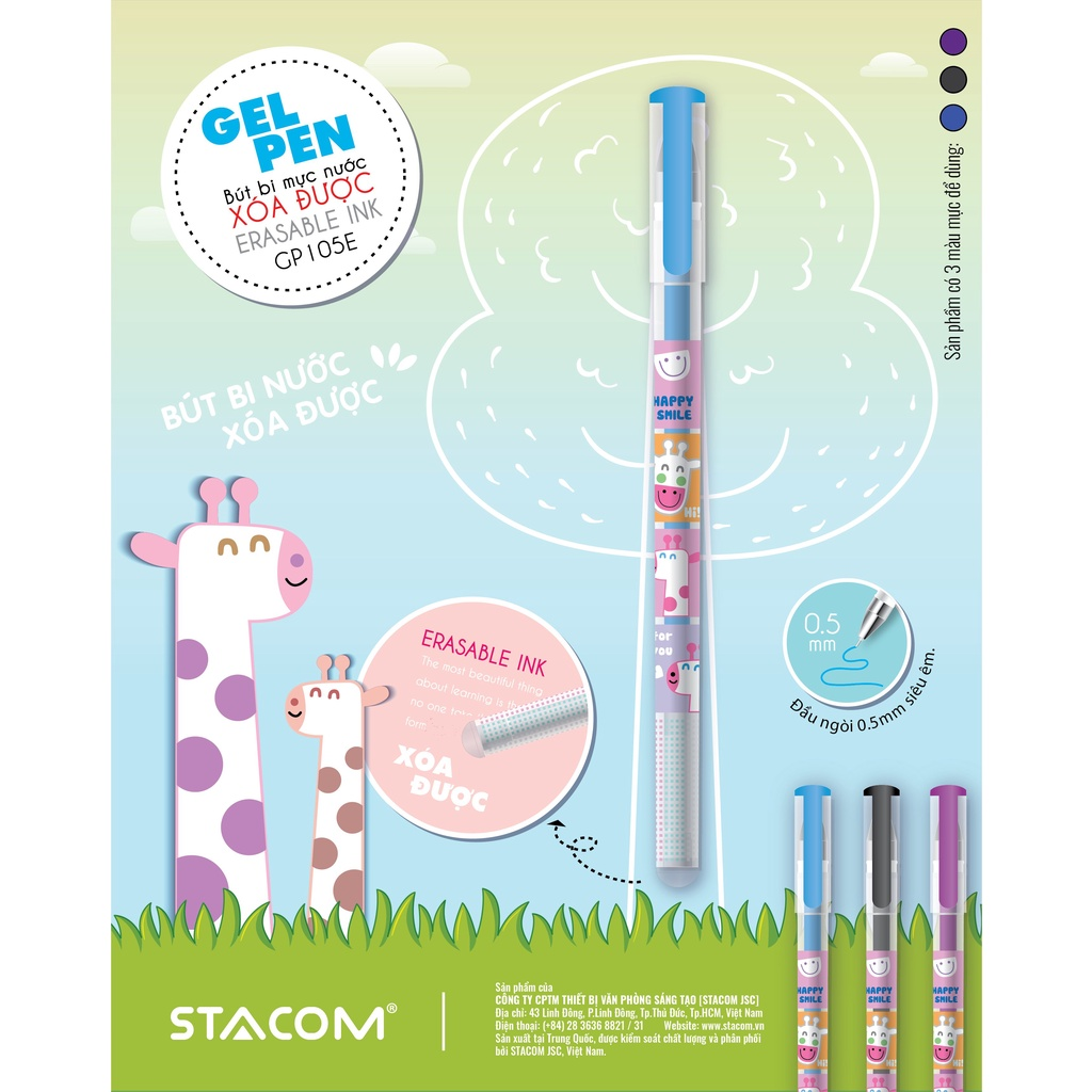 Bút gel xóa được STACOM GP105E - Mực Tím / Xanh / Đen