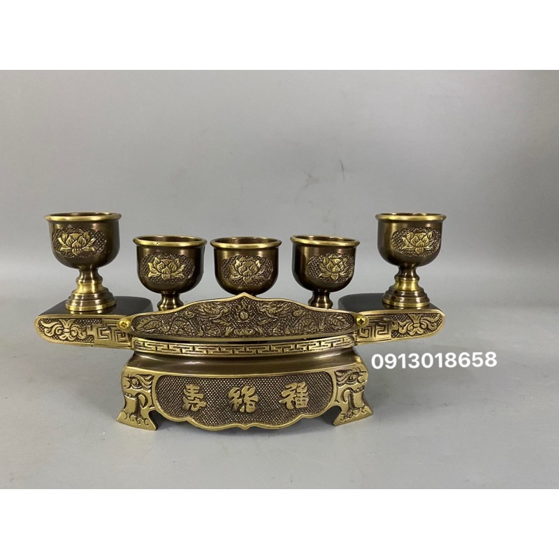 Bộ khay 5 chén bằng đồng hun màu giả cổ - ly chén bằng đồng nguyên chất. Khay nước thờ