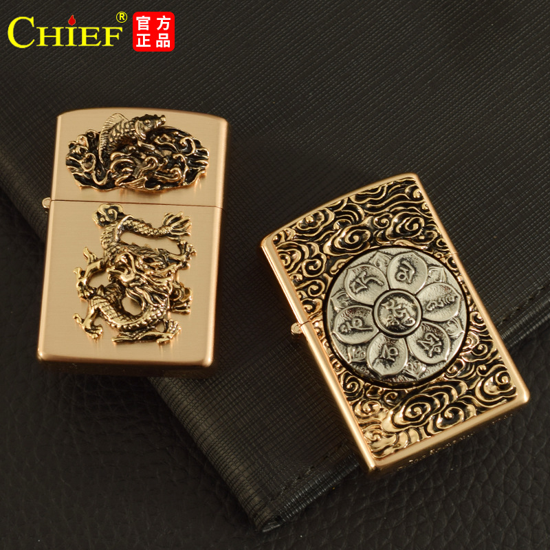 Bật lửa đá xăng Chief họa tiết in nổi nhiều kiểu dáng