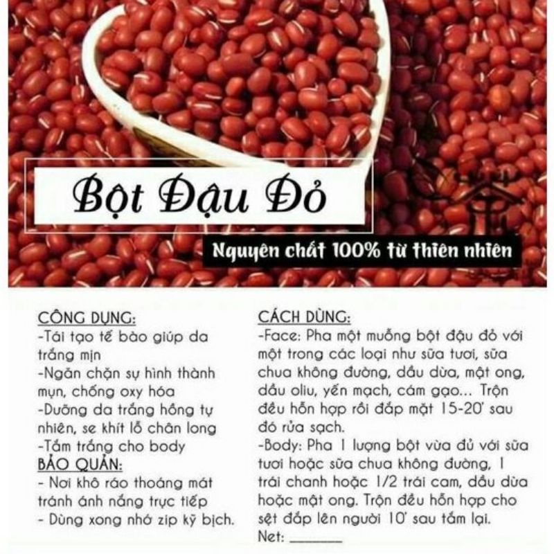500g Bột đậu đỏ hạt nhỏ nguyên chất 100% (dùng đắp mặt, tắm trắng....)