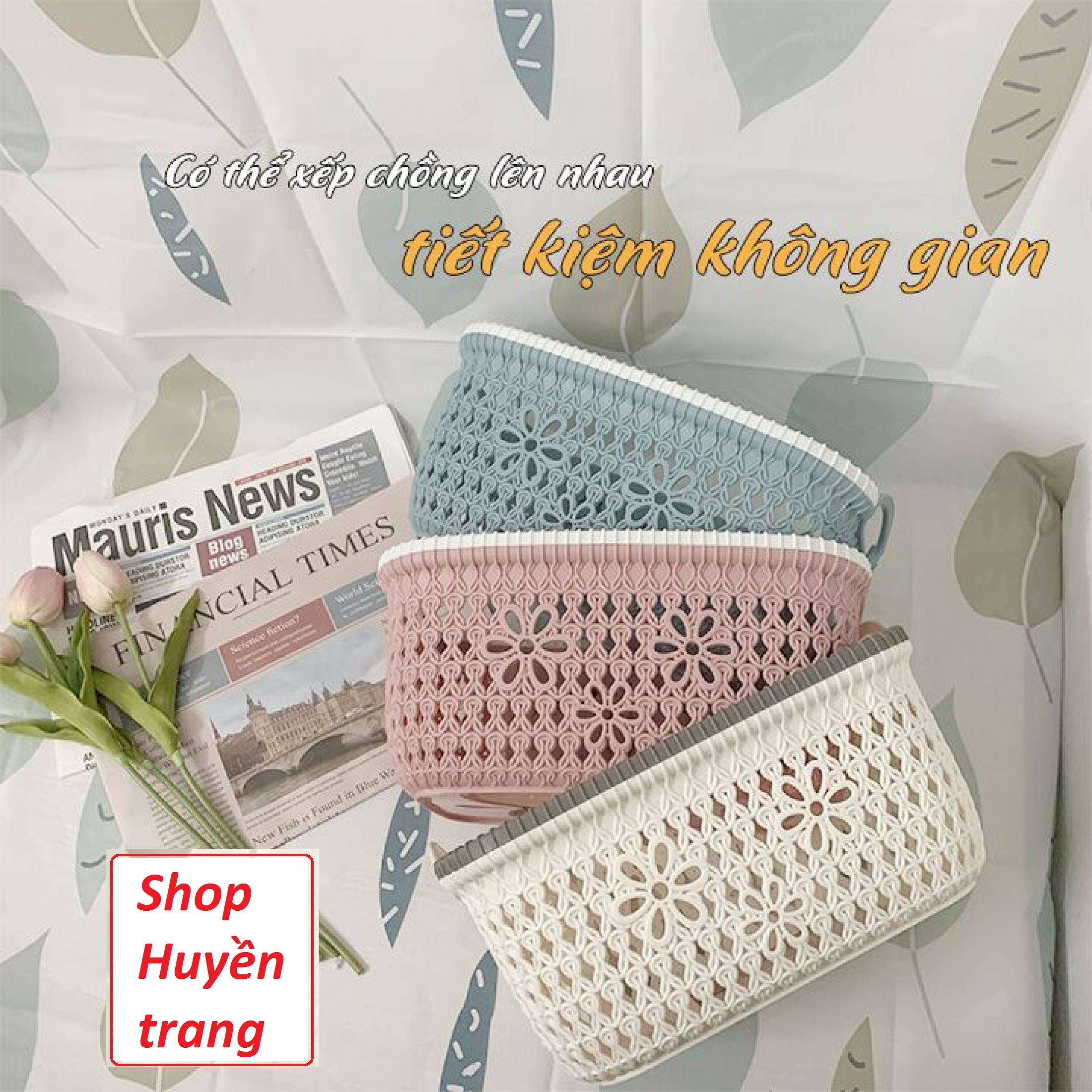 Rổ nhựa giả đan mây có quai cầm Việt Nhật, giỏ hoa 2 size màu  xinh xắn (MS: 3377_1 : 3377_2 )