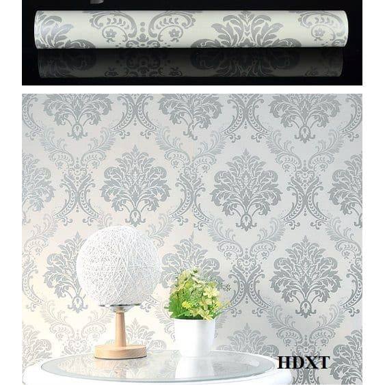 10m giấy dán tường họa tiết châu âu bạc ( cuộn dài 10m, khổ rộng 45cm, giấy có keo sẵn)
