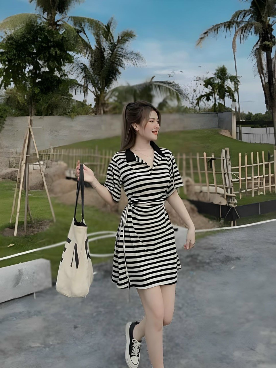 Váy đầm nữ kẻ sọc cổ sơ mi rút dây eo cực xinh