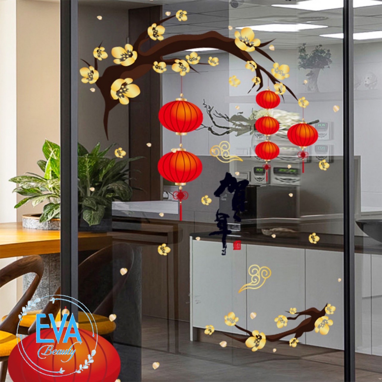 Decal Dán Tường Dán Kính Trang Trí Tết Họa Tiết Hoa Mai Vàng và Đèn Lồng Đỏ Đón Xuân SK6041 M3589