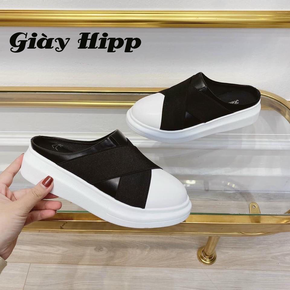 Giày sục nữ độn đế chun chéo vá trắng cực bền