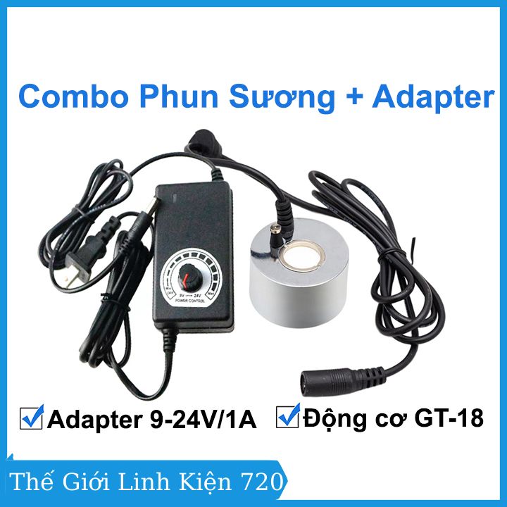 Combo động cơ phun sương GT-18 không led và nguồn adapter 9-24V 1A điều chỉnh lượng sương, tạo độ ẩm, làm mát không khí