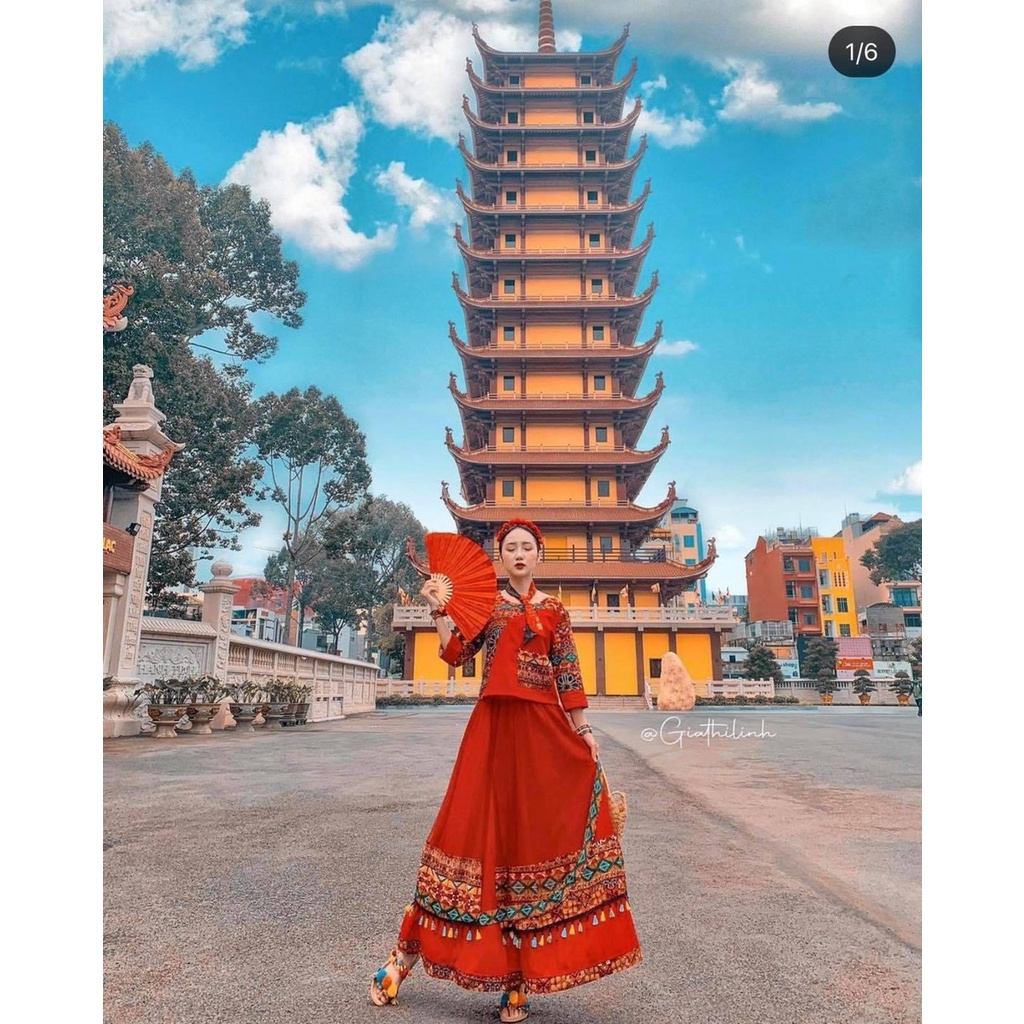Sét đầm maxi suông đỏ thổ cẩm có sẵn
