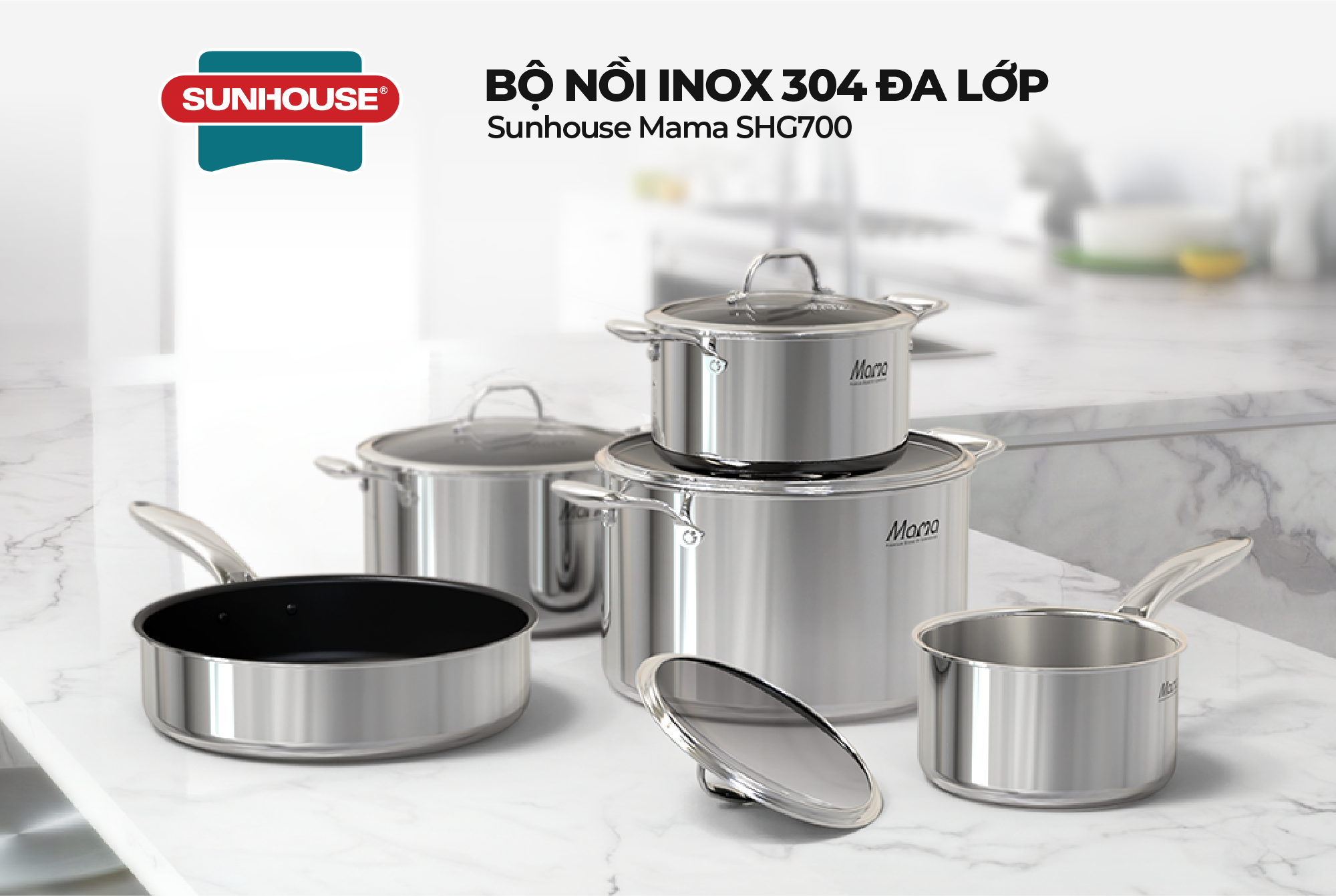 Bộ nồi chảo chống dính cao cấp Inox 304 SUNHOUSE MAMA SHG700 - Inox 304 Siêu bền - An toàn sức khỏe - Hàng Chính Hãng - Hình ảnh 5