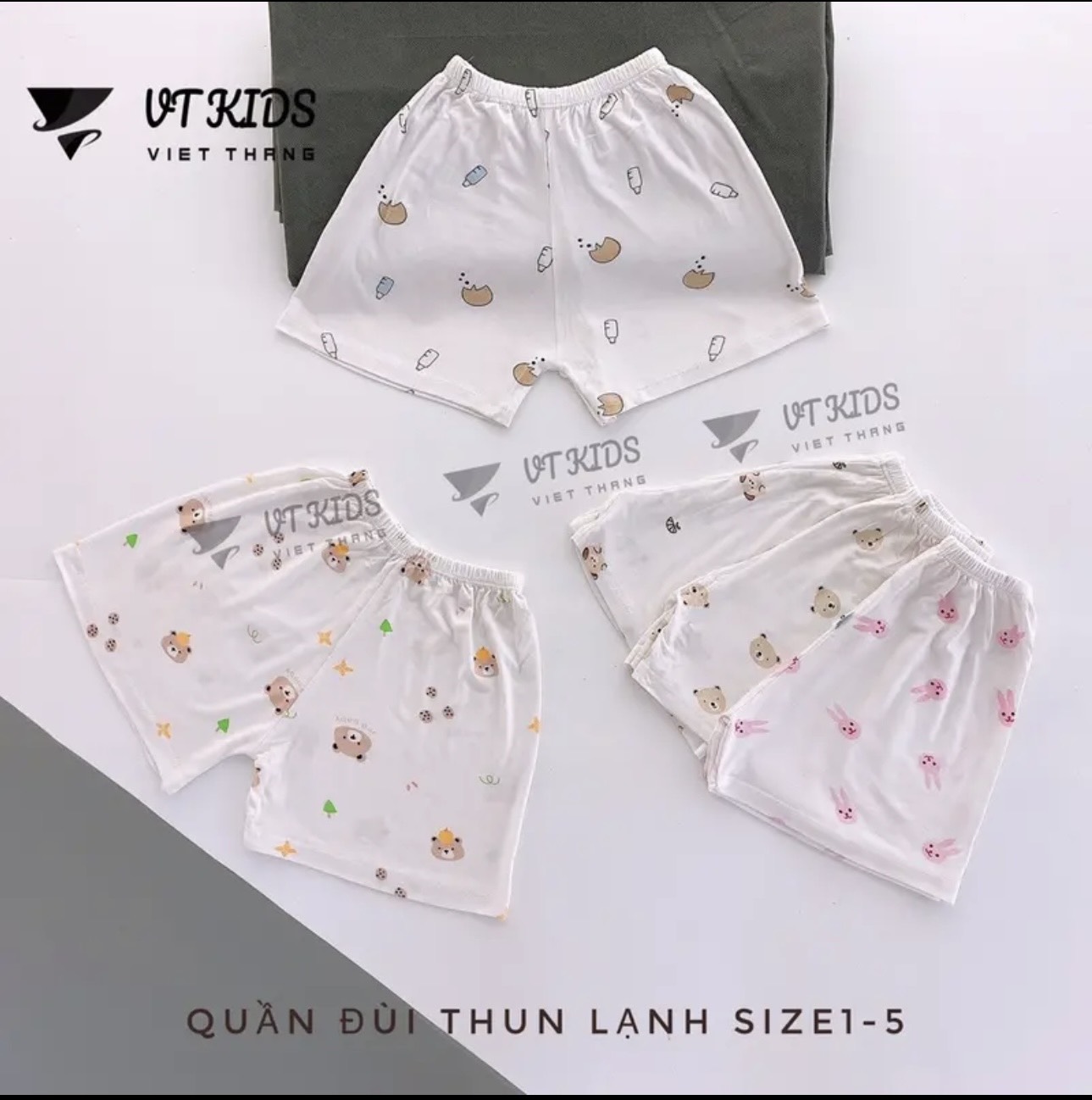 Combo 5 quần đùi thun lạnh nền trắng mềm mại cho bé 3-13kg