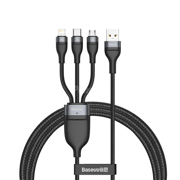 Cáp sạc nhanh 3 đầu Baseus Flash Series 3in1 (USB to Type C/ Lightning/ Micro, 5A/40W Quick Charging & Data Cable)