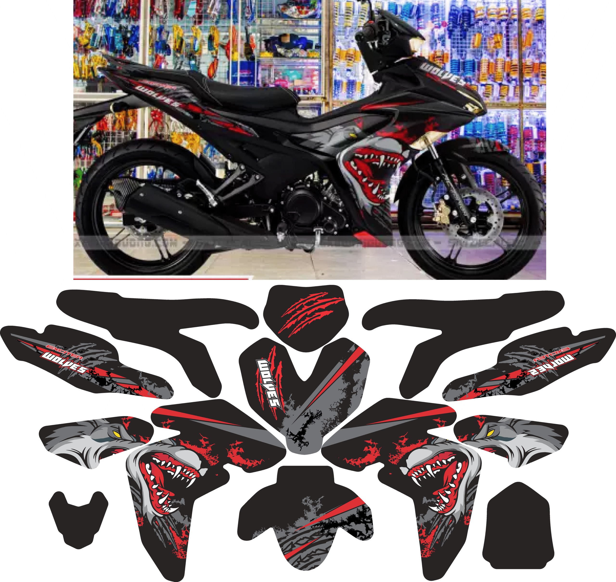 Tem trùm xe exciter 155 WOLVES SÓI ĐEN ĐỎ đẹp - Tem dán xe máy exciter 155 WOLVES SÓI ĐEN ĐỎ thiết kế theo yêu cầu - tem trùm exciter 155 độ chế đẹp và rẻ chất