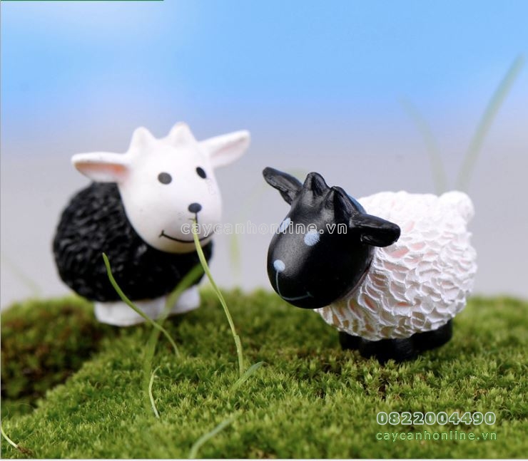 2 con Cừu đen cừu trắng tượng con vật trang trí tiểu cảnh cây cảnh