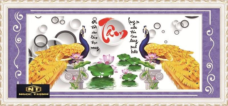 Tranh đính đá Thư Pháp chữ Tâm đôi công vàng hoa sen VS366 KT:105X50cm