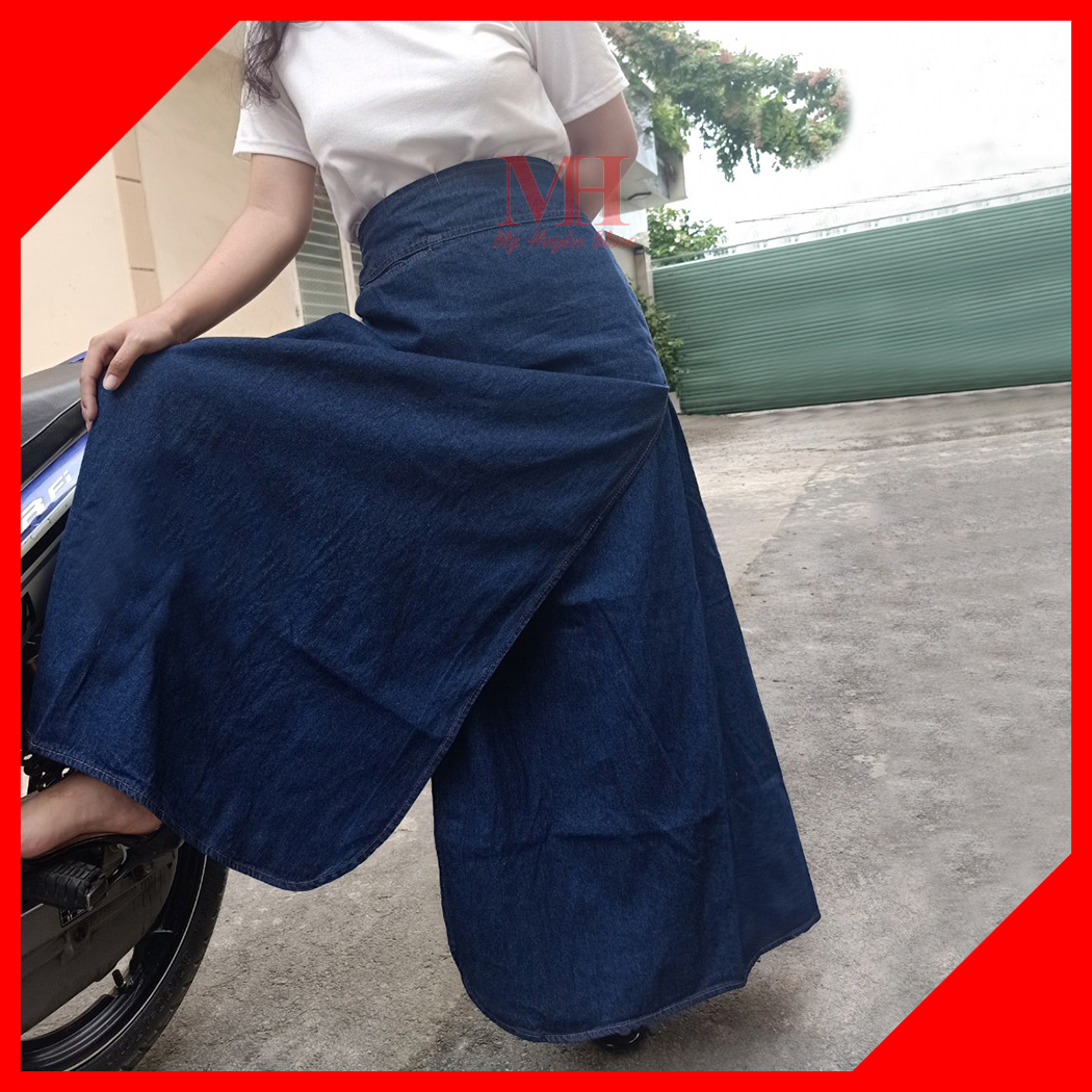 Váy chống nắng xẻ tà jean trơn cao cấp có chất vải dày dặn và mềm mại cùng nút bấm kim loại chắc chắn mỹ huyền store