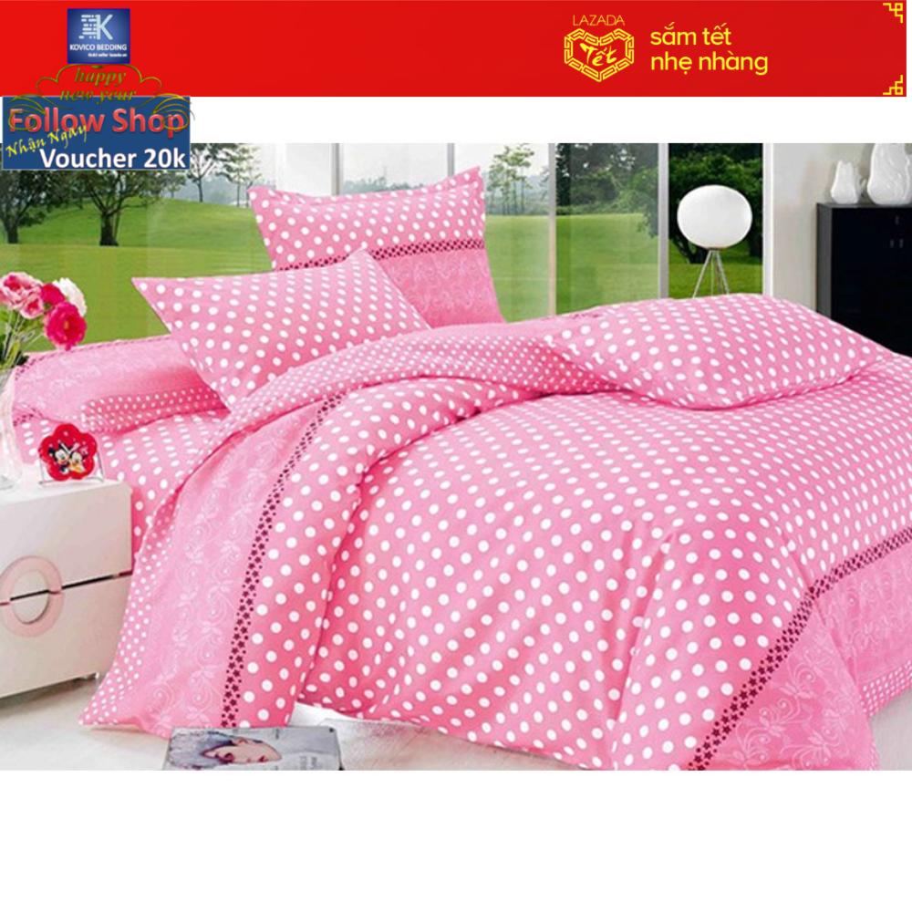 (FreeShip MAX) Bộ ga bọc Chấm Bi Hồng