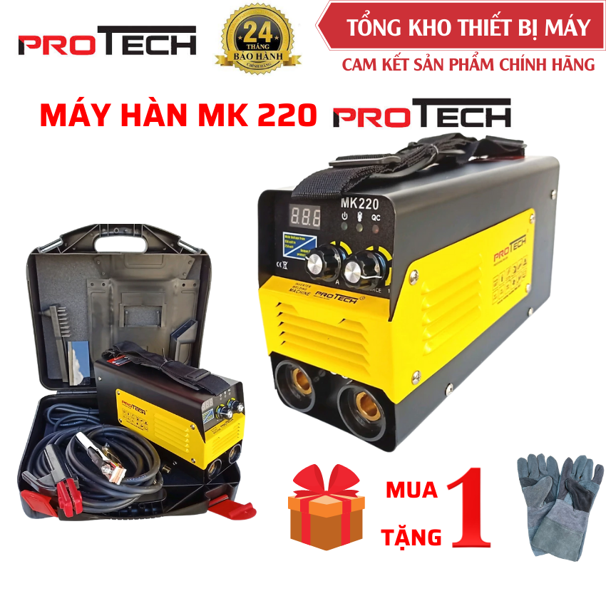 Máy hàn que protech mk220 chính hãng dùng được điện yếu 150v đến 250v kìm hàn kẹp mass lõi đồng tặng kèm bao tay hàn