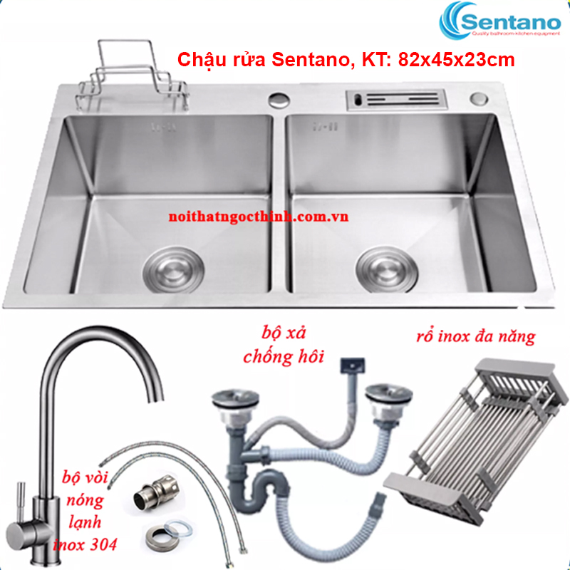 [SALE RẺ]Combo chậu rửa chén SC-13 8245 có gác cài dao thớt +Bộ xả chống hôi+ vòi rửa chén nóng lạnh STN-403 F24 kiểu tròn và khay đa năng