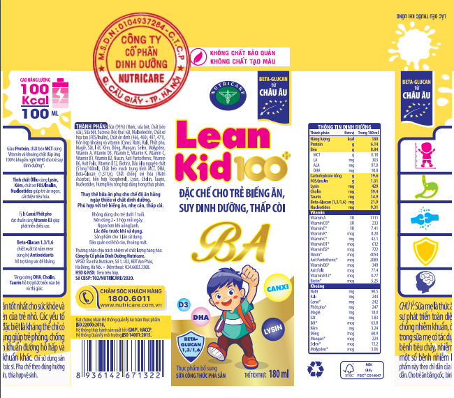 Sữa bột pha sẵn Lean Kid 100 BA 110ml & 180ml