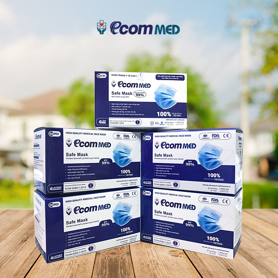 Combo 5 Hộp Khẩu trang Y tế EcomMed 4 lớp kháng khuẩn 99% Hộp 50 cái