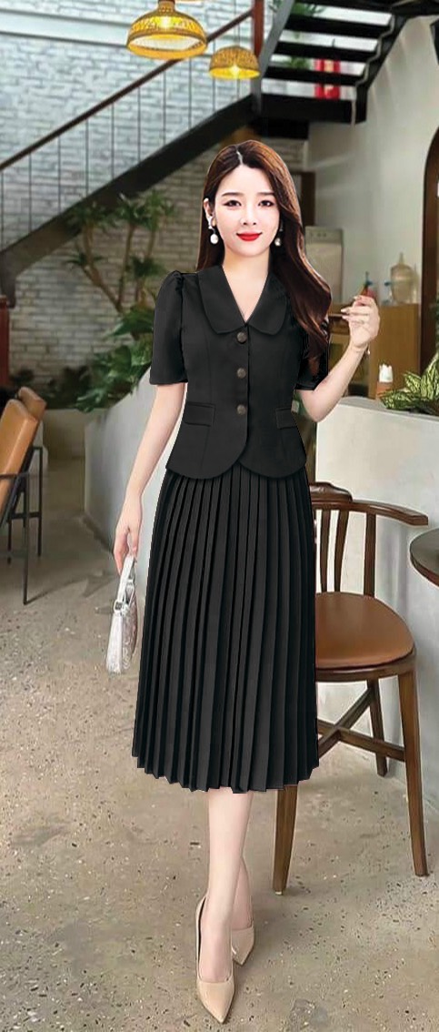 [HCM]SET CỔ VEST NÚT BỌC CHÂN VÁY DẬP LY