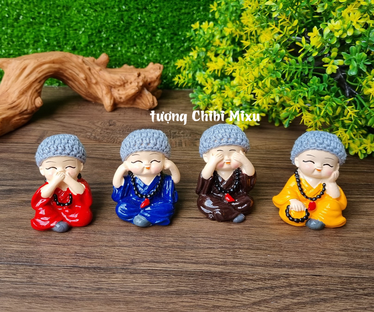 Bộ 04 tượng Tứ Không mẫu có đeo chuỗi đội nón len size 5cm