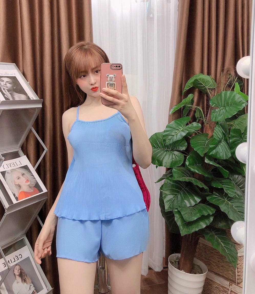 Đồ bộ đùi kate lụa 2 dây mặc nhà dập ly mát mẻ