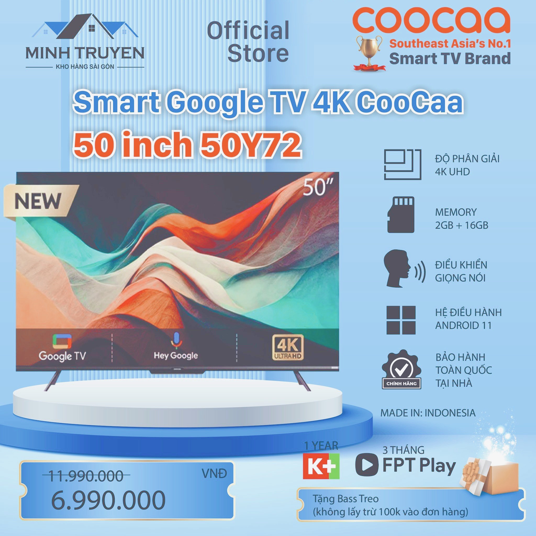 Googletv tivi coocaa 4k 50inch 50y72 - chính hãng 100%