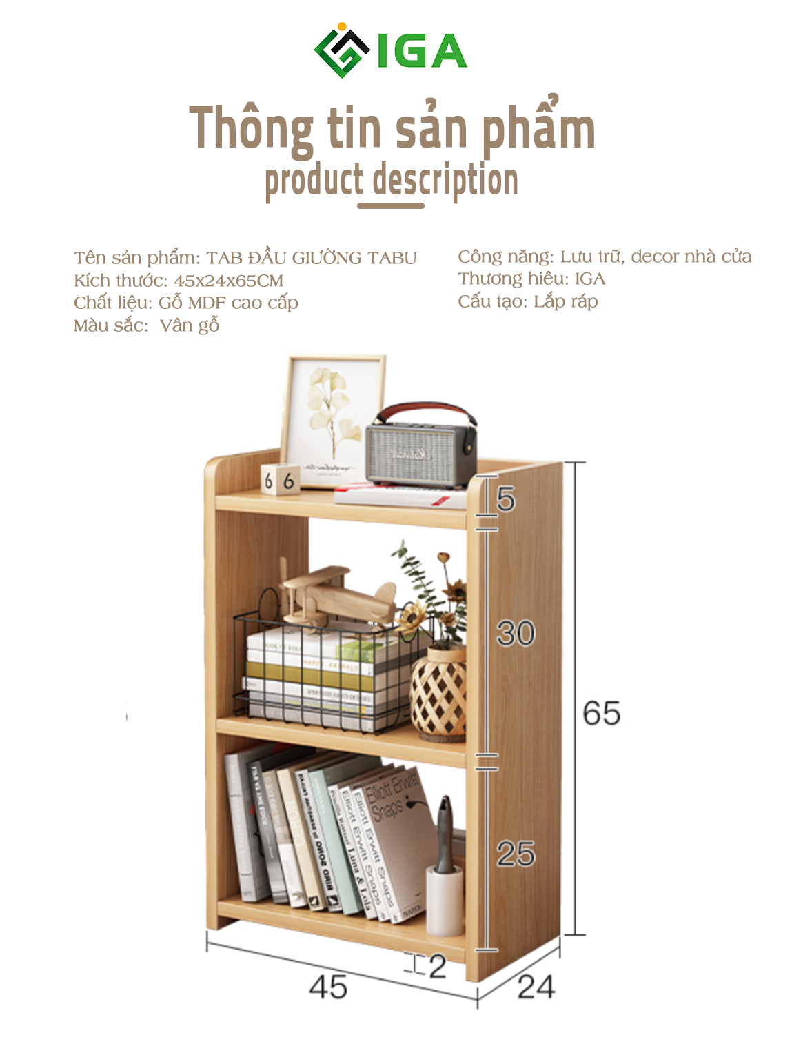 Tab đầu giường tủ sách đầu giường IGA - GP156