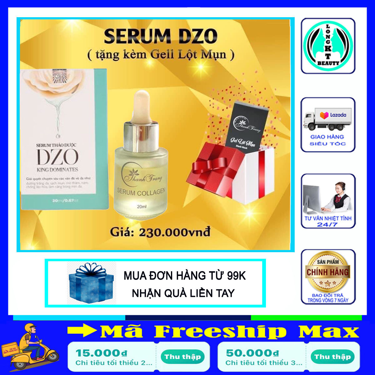 Tặng kèm gel lột mụn 75ml - Serum căng bóngThanh Trang- Serum Collagen DZO căng bóng Mỹ phẩm Thanh Trang