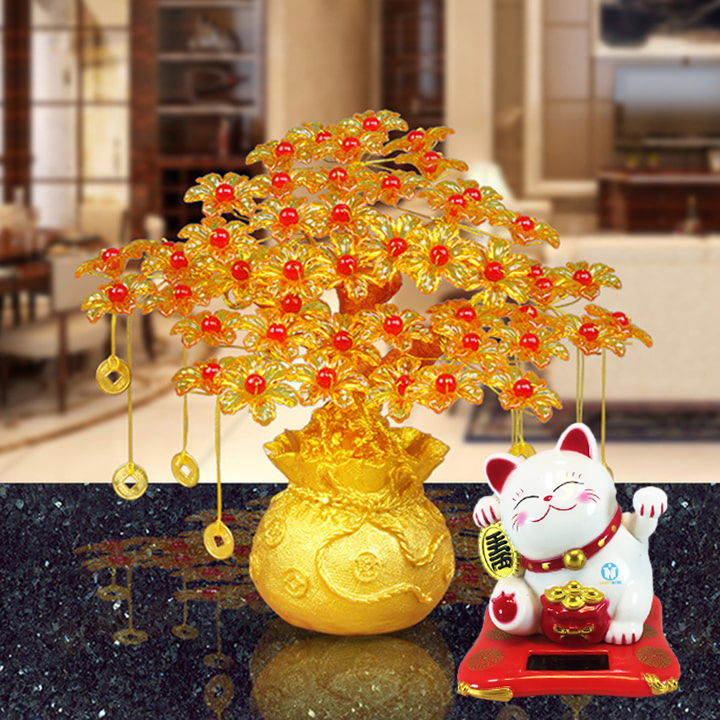 Cây kim tiền phát tài, lộc đế túi tiền 7 cành tặng mèo vẫy thần tài, đặt phòng khách, phòng làm việc, trang trí bàn thờ ngày tết