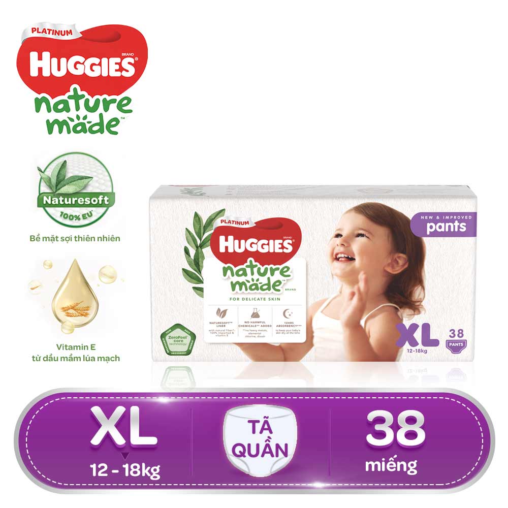 Tã/Bỉm quần HUGGIES PLATINUM NatureMade XL38 (12 - 18kg) - Gói Jumbo 38 miếng | Lazada.vn