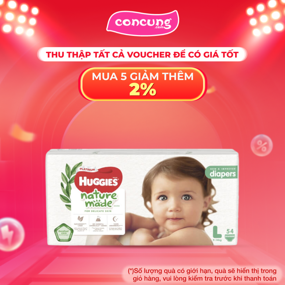 Bỉm tã dán Huggies Platinum Nature Made size L 54 miếng (9-14kg)