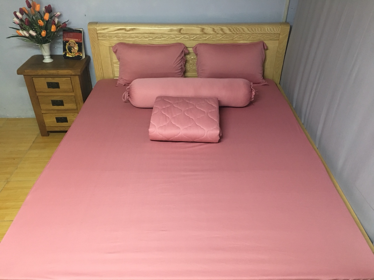 [HCM]Bộ Ga Gối 4 Món Thun Lạnh Hàn Quốc Màu Hồng Ruốc - Chăn Ga Gối Thun Lạnh Hàn Quốc