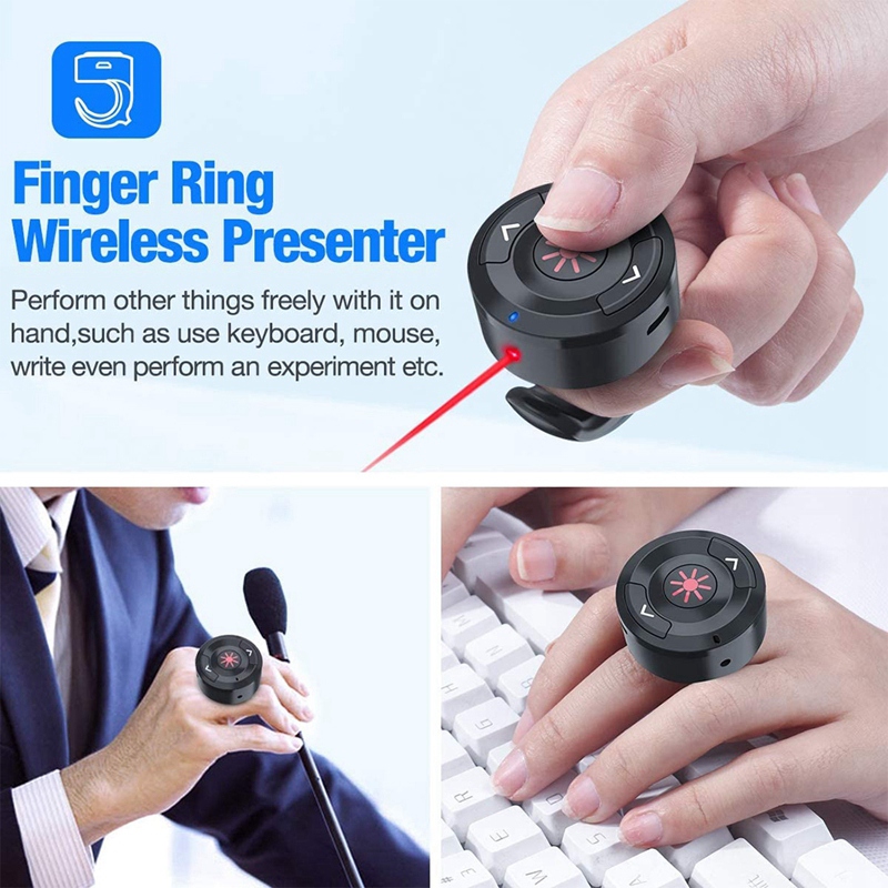 2.4GHz Rechargeable Wireless Presenter Finger Ring with Red Light USB Presentation Clicker for PC PowerPoint PPT
